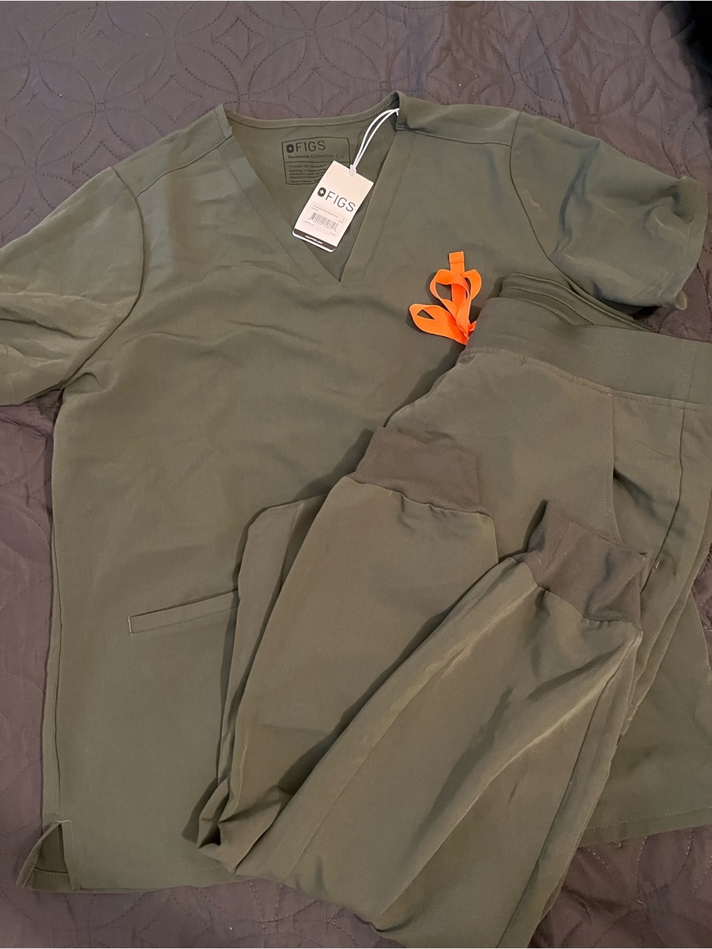 Figs Olive Green Scrub Set with Bright Orange Accent